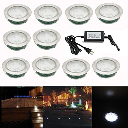 Pack of 10, Outdoor Waterproof 30 SMD3528 LED Deck Light Kit Garden Decoration Lamps Stainless Steel Recessed Pathway Stair Step Landscape LED Lighting , Cold White