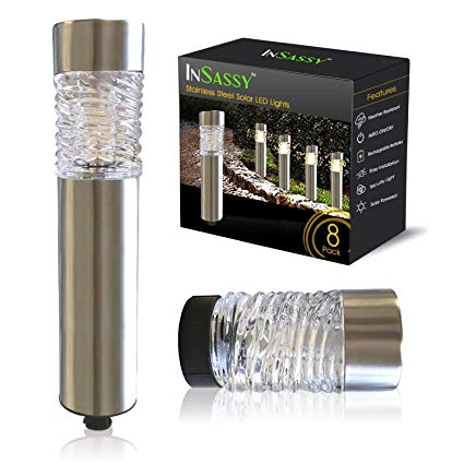 InSassy Solar Lights Outdoor - LED Solar Powered Waterproof Pathway Stake Lighting for Patio Yard Garden Lawn Driveway Walkway Pool - Glass Stainless Steel - Warm/Color Changing - 8 Pack Contempo