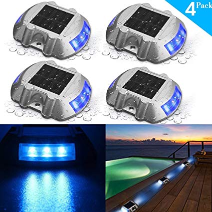 SOLMORE 4 Pack Solar Deck Lights LED Dock Light Solar Lights Step Road Path Light Waterproof Security Warning Driveway Lights for Outdoor Fence Patio Yard Home Pathway Stairs Garden (Blue)
