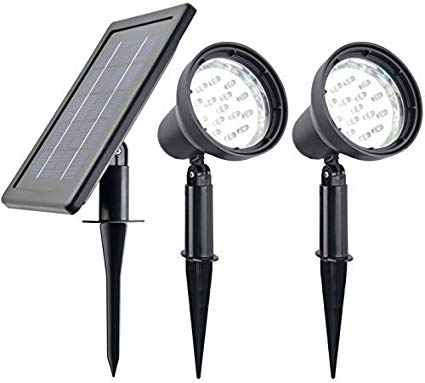 Robust NATURAL WHITE (NOT BLUISH) Solar Spotlights (Set of 2) // HUGE 3W Solar Panel // DOUBLE CAPACITY 4000mAh Lithium Battery // HEAVY DUTY 2X15 LED Spotlights - 2X16 Ft Cable // POWER ADJUSTABLE