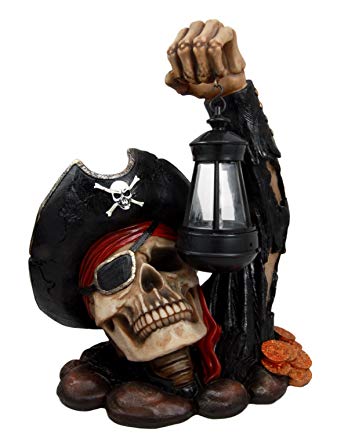 Ebros Caribbean Pirate Captain Hook Skull With Solar Powered Lantern LED Light Patio Decor Figurine Statue