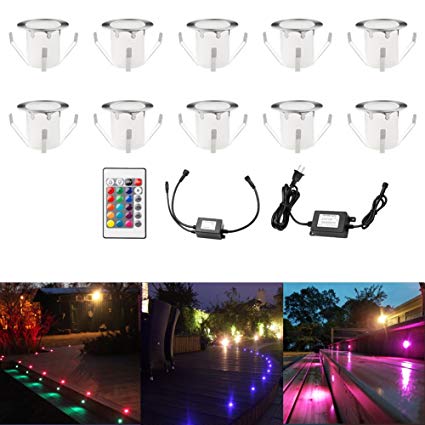 Pack of 10 Multi Color Outdoor Deck Lights Low Voltage Led Deck Lighting IP67 Waterproof Stainless Steel Recessed Deck Step Lights Kit for Patio Pathway Garden Landscape with Remote Control (RGB)