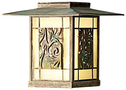 Kichler Lighting 15389VGB Ainsley Square Post Light 12-Volt Deck and Patio Light, Verdigris with Aged Brass and Etched Seedy Glass