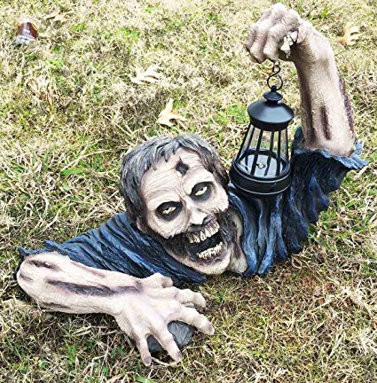 Ebros Large Head Shot Zombie Crawling Out Of Grave Solar LED Lantern Figurine 