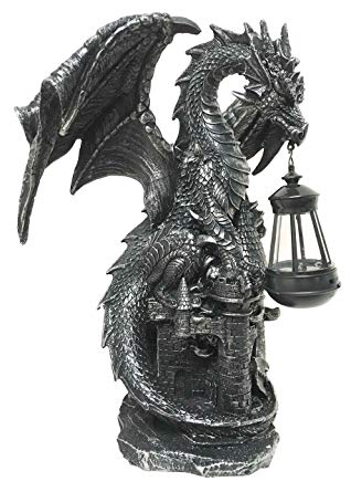 Ferocious Dark Beacon Dragon Guardian of Styx Castle Gate Statue With Solar LED Light Patio Pathways and Indoor Night Light