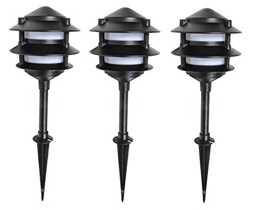 3 Pack Malibu 8401-9203-03 LED Cast Metal Pagoda 3-Tier Lights, Low Voltage, 1.4 watts, for Pathways, Yards, Landscapes w/ Black Finish BY MALIBU DISTRIBUTION