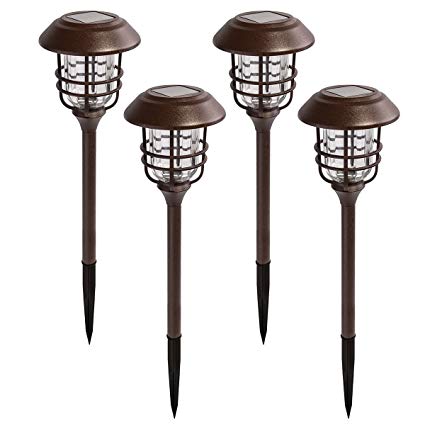 GIGALUMI 4 Pack Outdoor Solar Lights, Glass and Powder Coated Cast Aluminum Metal Path Lights, High Lumen Output per LED, Easy No Wire Installation
