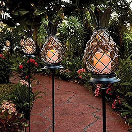Set of 3 Outdoor Battery Operated Tropical Tiki Glass Black Metal Pineapple Pathway Stakes Lights Lanterns Lawn Landscape Lighting